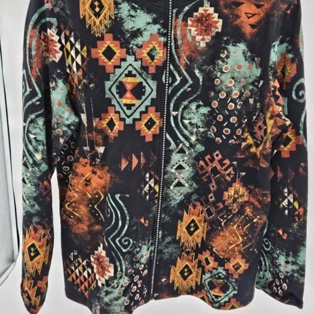 Womens jacket Jess & Jane Mesa Verde Southwestern Print Zip-Up Jacket Size Large